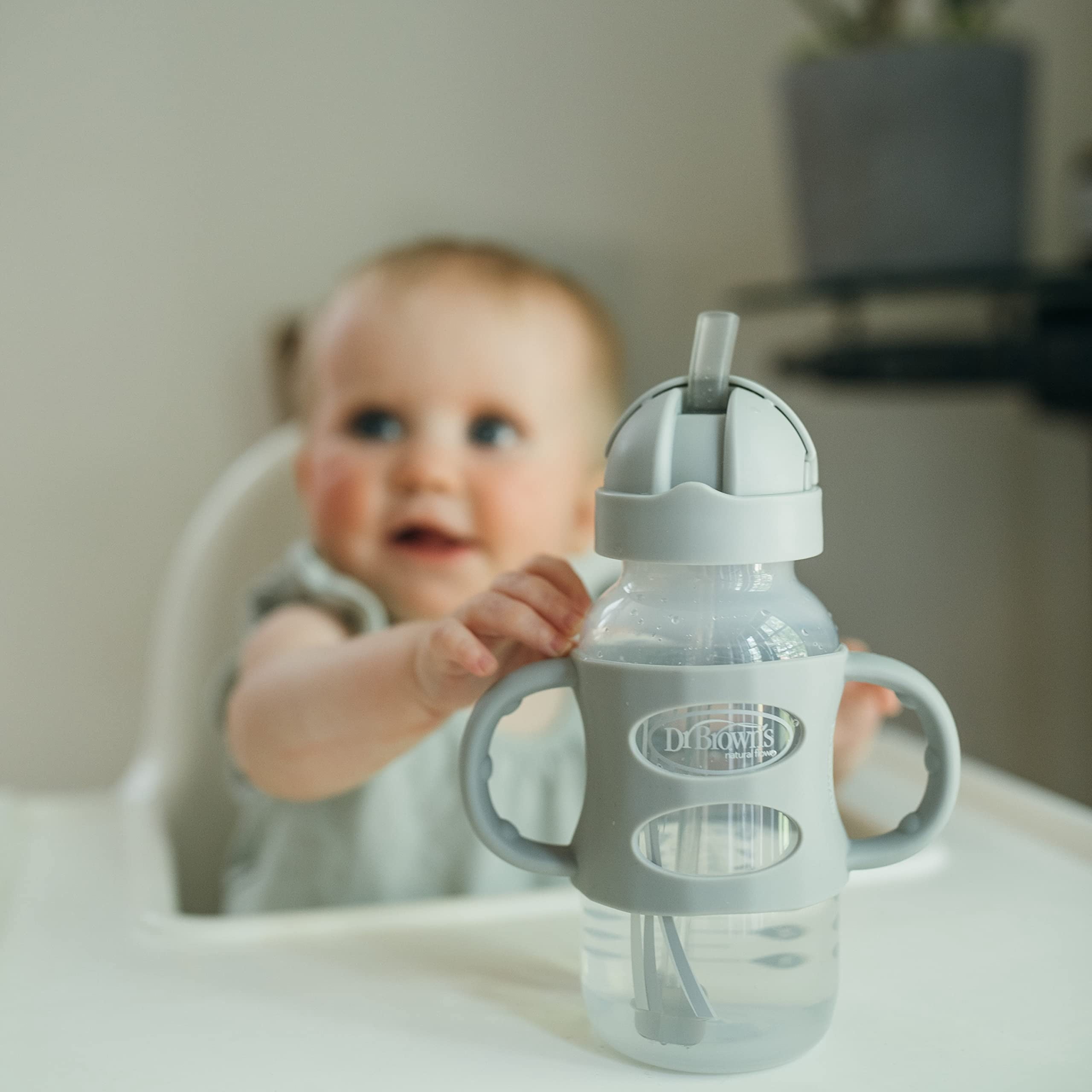 Dr. Brown's Milestones Wide-Neck Sippy Straw Bottle with Handles, 9oz/270ml, Gray/Green, 6m+, 2 Pack