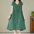 thumbnail image 5 of Cagogo Women's Petite Dresses Summer Under $5 Casual Loose V Neck Short Sleeve Linen Flowy Swing Tunic Maxi Long Cotton Dress Hide Belly Church Dress Mothers Day Gifts, 5 of 8
