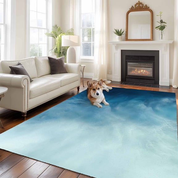 Blue Ombre Large Area Rugs 5x8 ft Coastal Beach Modern Abstract Art Washable Rug Non Slip Indoor Carpet Absorbent Floor Mat for Living Room Bedroom Dining Room