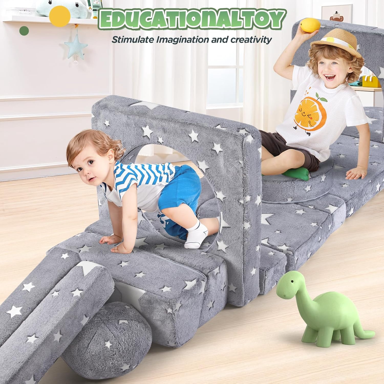 EAYSG Foam Modular Kids Couch Sofa, 13PCS Kids Play Couch, Glowing Toddler Couch Convertible Baby Play Couch Children Sofa for Playroom Bedroom (Gray)
