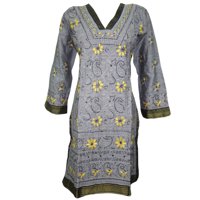 Mogul Womens Designer Tunic Grey Embroidered Cotton Kurta Long Sleeves Bohemian Fahion Kaftan Dress S