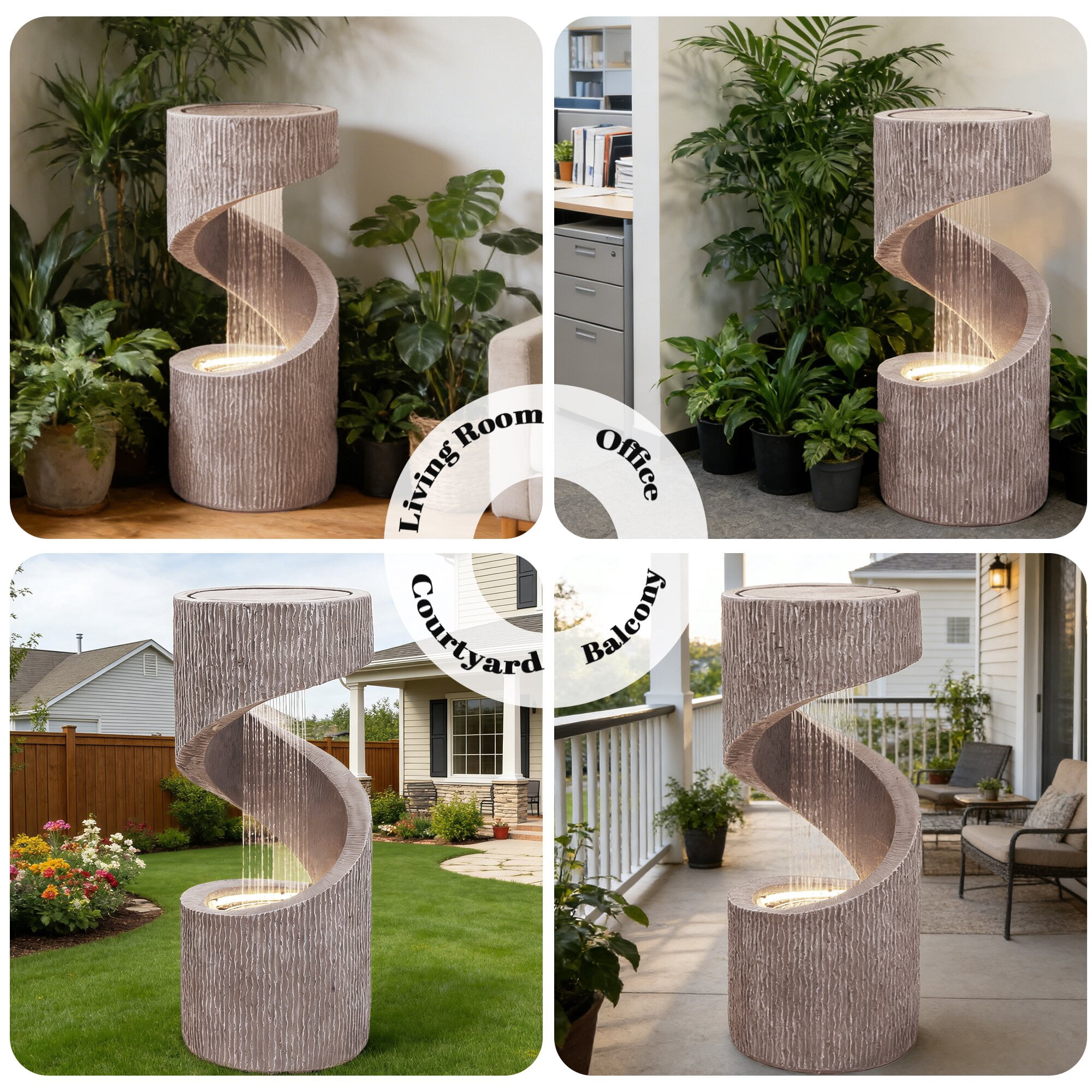 Kaluomm 32" Modern Spiral Column Outdoor Water Fountain with LED Light, Freestanding Resin Waterfall for Patio Garden Decor, Beige