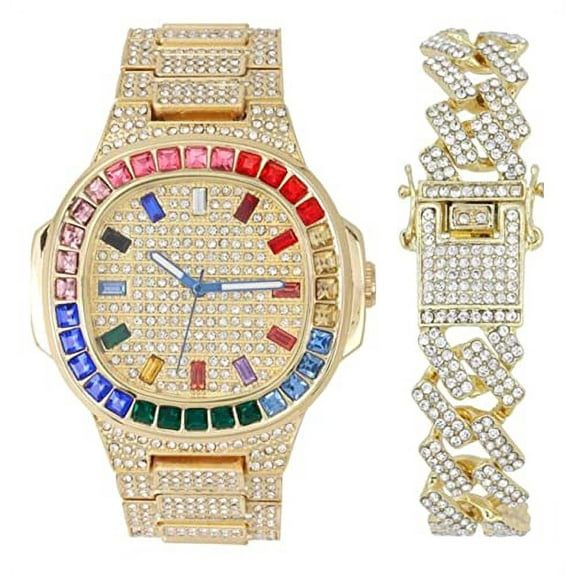 Charles Raymond Iced Out Mens Color on Blast Watch Single or Combo Sets with Blinged Out Bracelets Set. Iced Out Colourful Rainbow Flame Collection (ST10376-ZZ GLD)