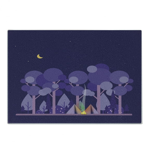 Colorful Cutting Board, Night at Campsite Scene in the Forest Woodland Under Moon Sky, Decorative Tempered Glass Cutting and Serving Board, in 3 Sizes, by Ambesonne