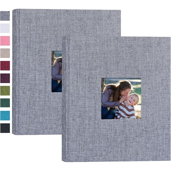 2 Pack Small 8x10 Photo Album 2 Pack Linen Cover with Display Window Mini Picture Book Each Holds 52 Vertical Pockets for Artwork Postcards or Pictures Storage (Gray)