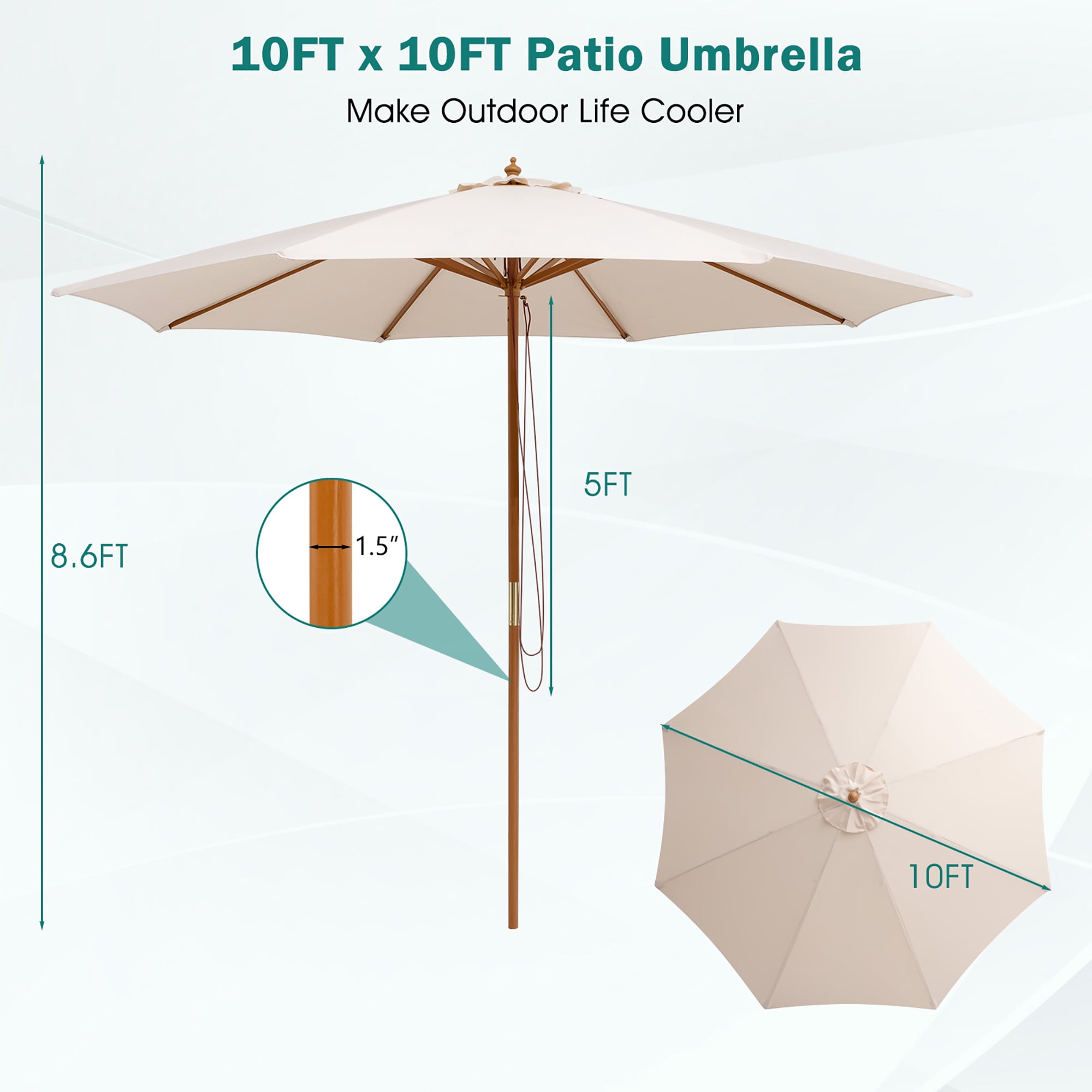 Gymax 10FT Patio Umbrella Table Market Umbrella w/ 8 Bamboo Ribs Pulley Lift & Ventilation Hole