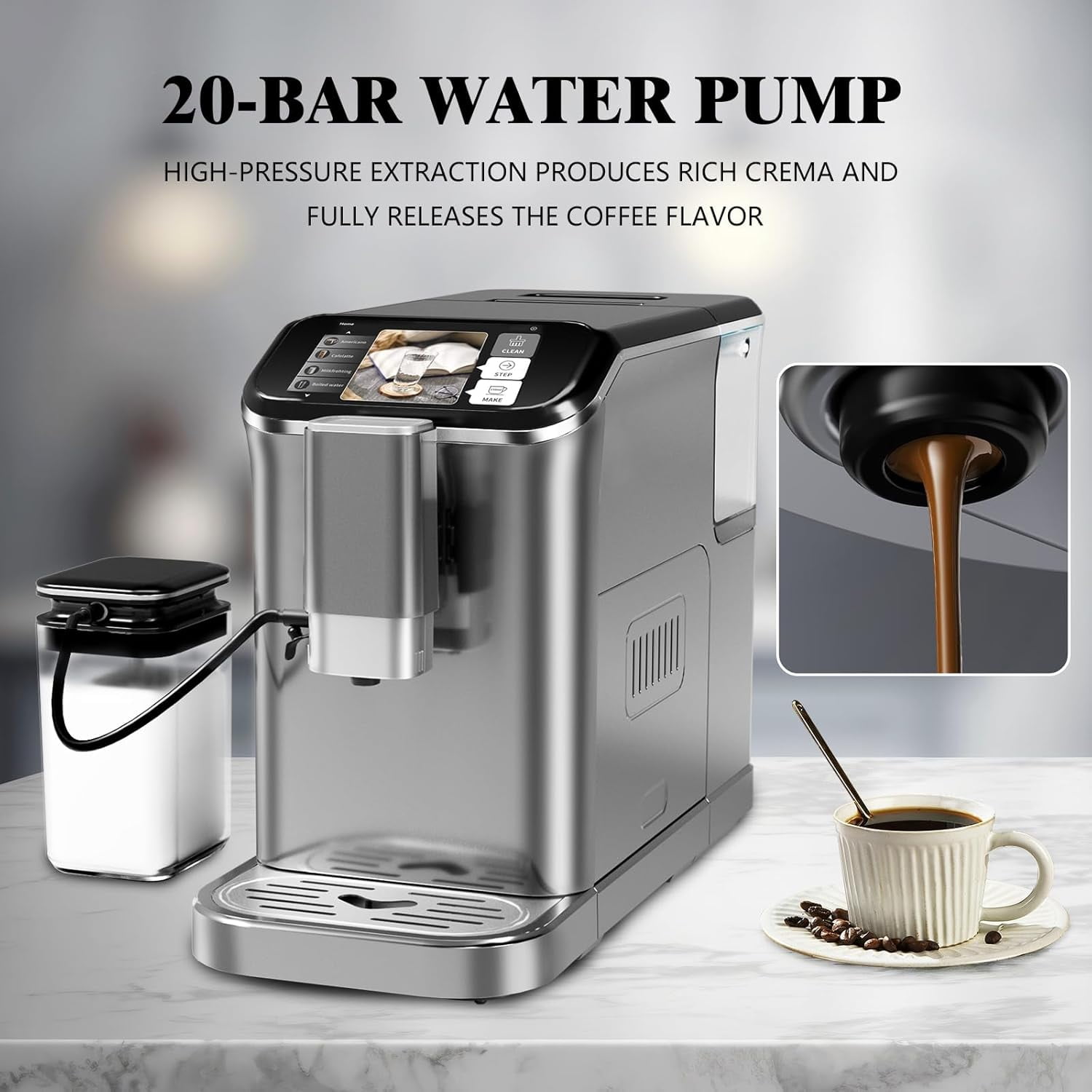 Fully Automatic Espresso Machine 20 Bar, 1350W Espresso and Cappuccino Machine with Automatic Milk Frother, Gift for Coffee Lover