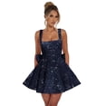 thumbnail image 1 of Vestido de bienvenida Dessiny Modest con lentejuelas brillantes, línea azul marino, 1 of 6