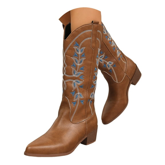 Wide Mid Calf Cowboy Boots for Women Fashion Blue Floral Embroidered Pointed Toe Slouch Knee High Cowgirl Boots
