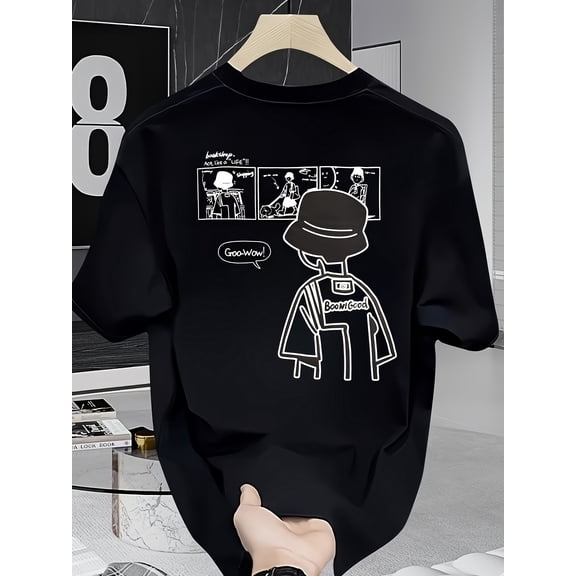 Street Graphic Print, Round Neck Short Sleeve Casual Top with Asymmetrical Hem, All-Season Comfort, Youth & Young Adult Casual Wear, Cartoon Back Print, Durable Everyday Shirt