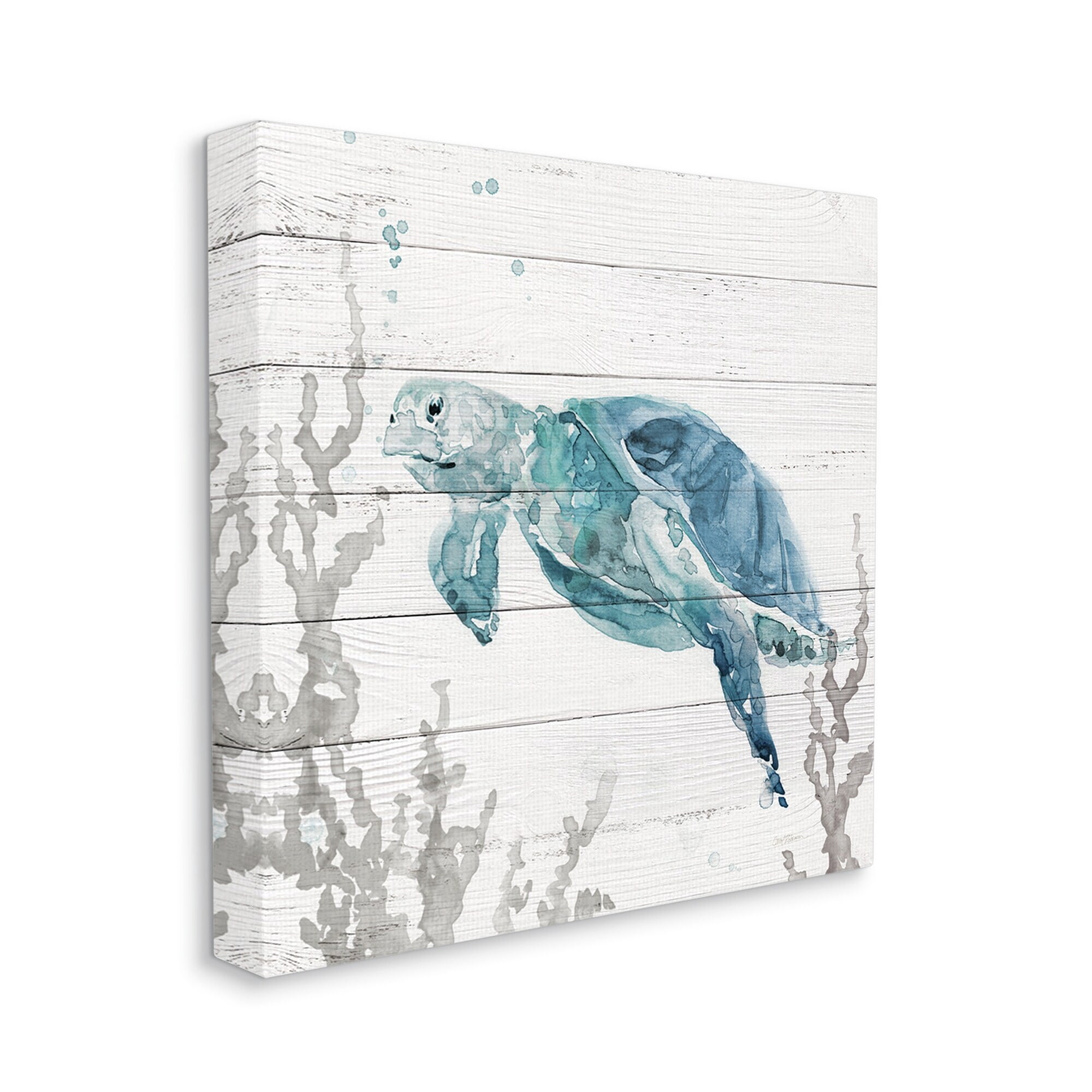 Stupell Industries Swimming Sea Turtle Coral Beach Plank Design Graphic Art Gallery Wrapped Canvas Print Wall Art, Design by Carol Robinson