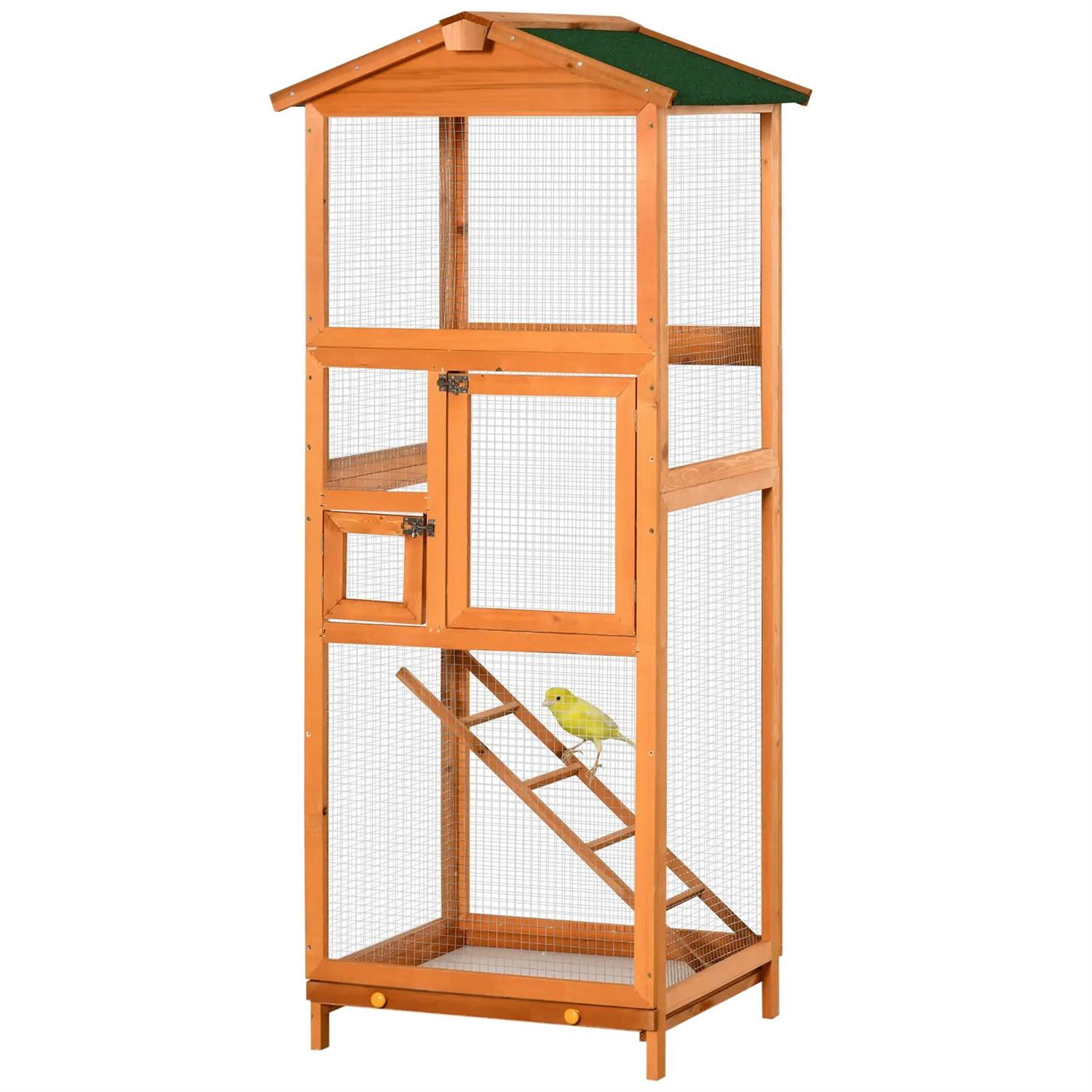 Pefilos Outdoor Bird Aviary, 65" Wooden Birdcage with Pull Out Tray 2 Doors, Ideal for Small Birds, Finches, Orange