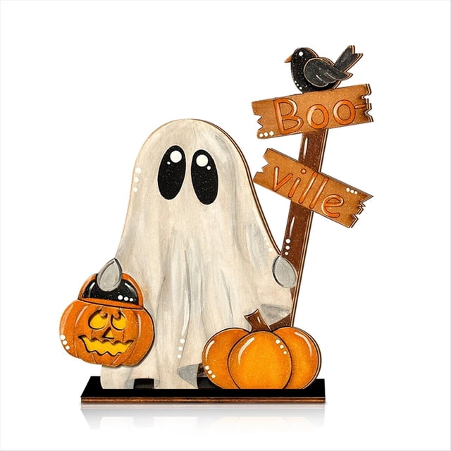 Decoración de Halloween de Madera con Forma de Fantasma, Cubo de Calabaza y Letrero - Decoración Festiva para el Hogar (2 Piezas)