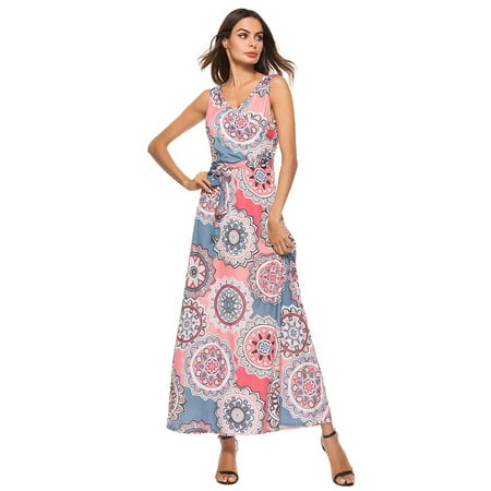 Charmeuse V-neck Floor - SNHENODA Womens Bohemian Printed Lace-Up V-neck Sleeveless Dress Wrap Bodice Sleeveless Crossover Floor Long Dress