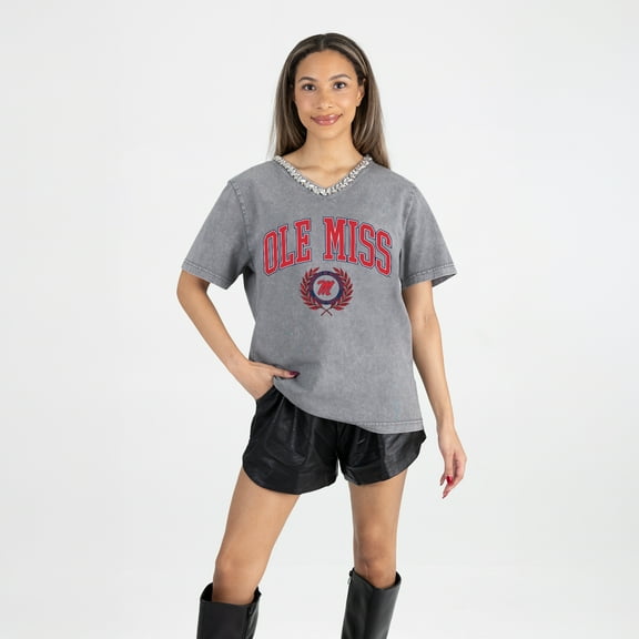 Women's Gameday Couture Gray Ole Miss Rebels Iconic Edge Rhinestone V-Neck T-Shirt