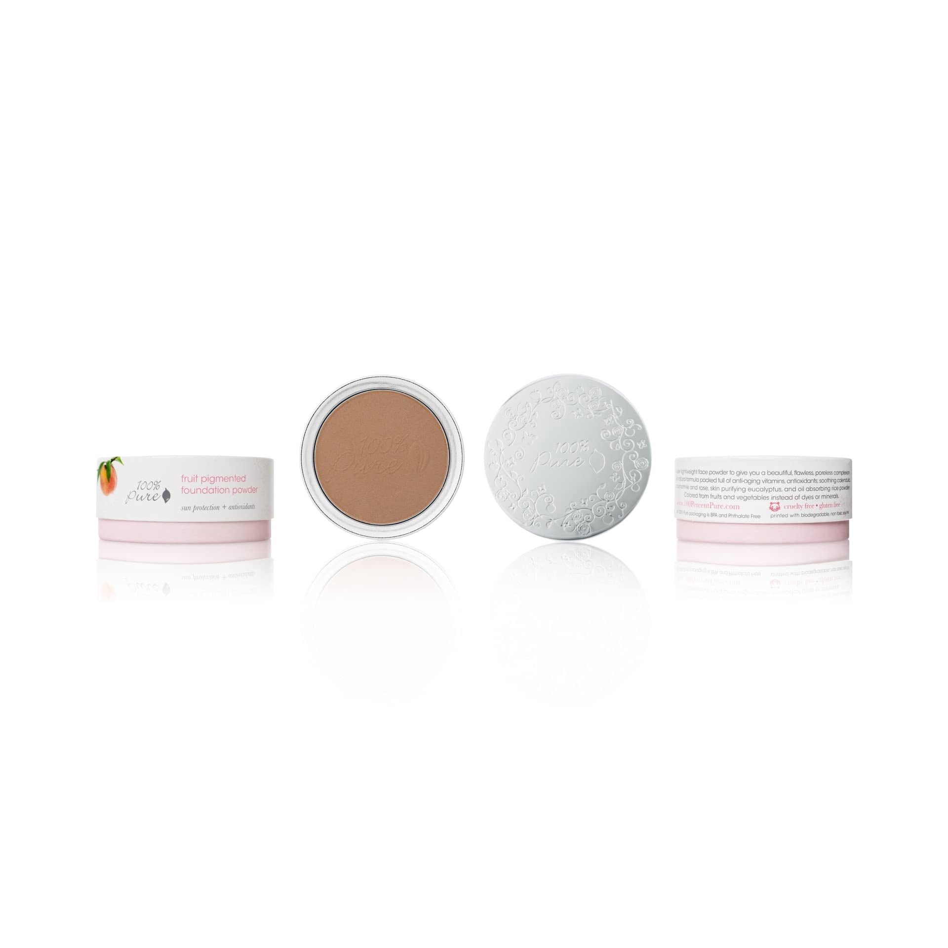 100% PURE Powder Foundation Matte Finish Face Makeup - Oil Absorbing Pressed Poreless Concealer - Vegan Fruit Pigmented Mousse Color (Tan-Deep Shade w/Yellow Undertones) - 0.32 Oz