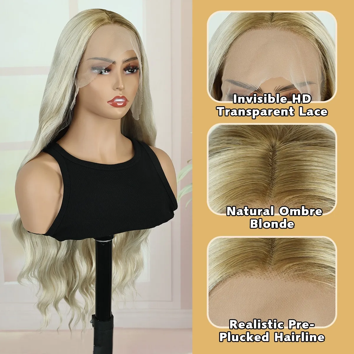 Creamily 30 inch 13*3 Long Blonde Wavy Wigs Glueless HD Lace Front Wigs with Black Root Natural Looking Synthetic Layered Wig for Daily Party Use