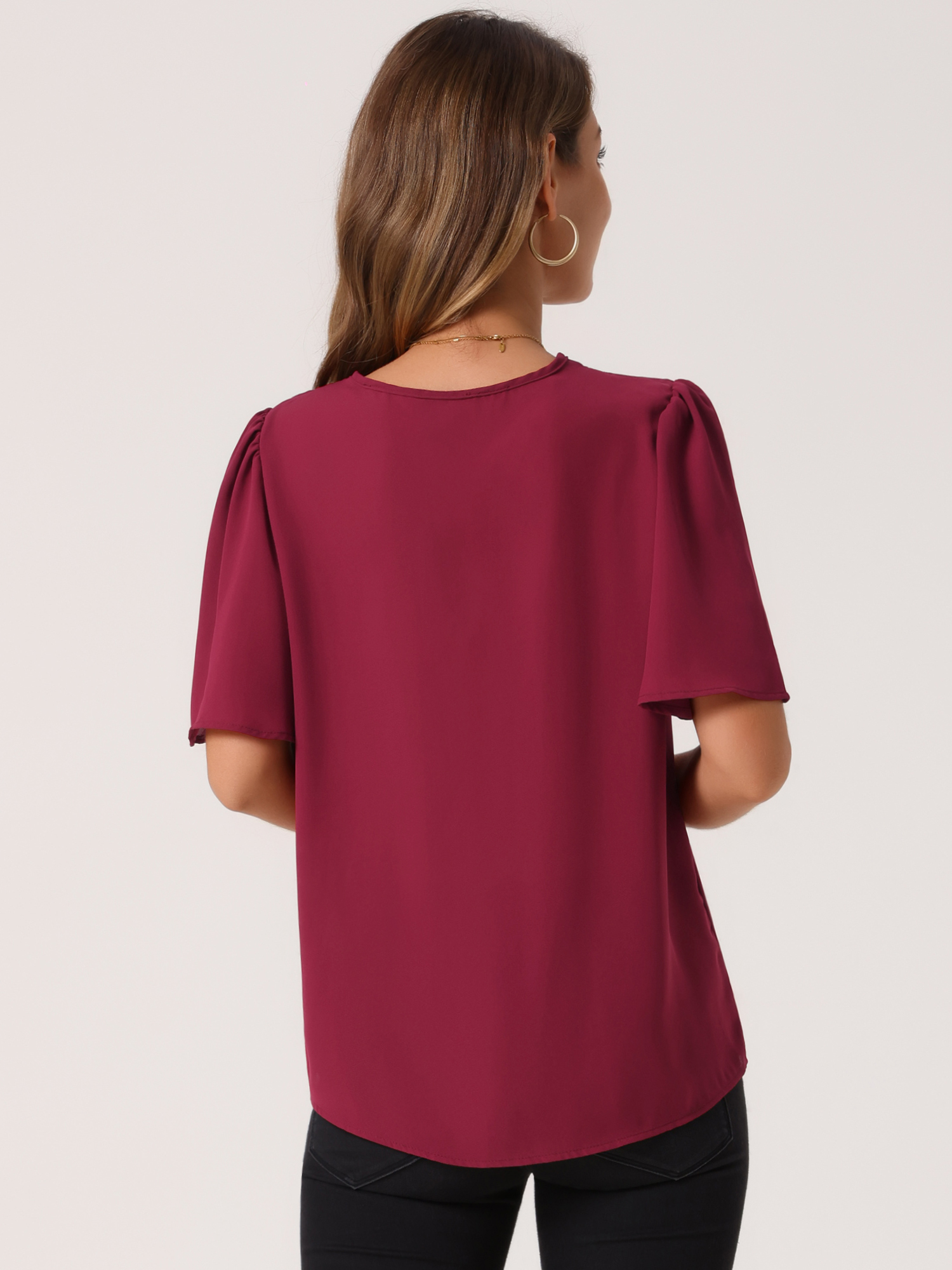 DARING DIVA Women's V Neck Short Sleeve Chiffon Casual Blouse XL Red
