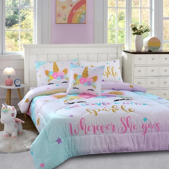 Full Size Comforter Set for Girls, 6-Piece Bed in a Bag, 3D Colorful Unicorn Bedding Comforter Sheet Set, Ultra Soft and Fluffy, Pink & Rainbow Color