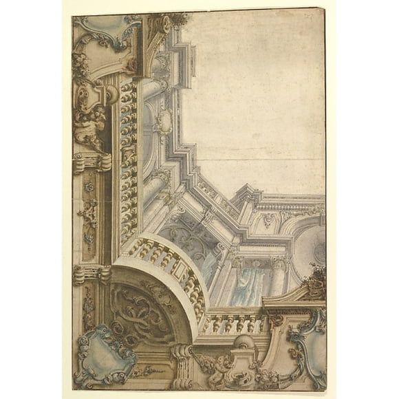 Design for Corner of Painting Ceiling with architectural perspective. Poster Print by Anonymous, Italian, Piedmontese, 18th century (18 x 24)