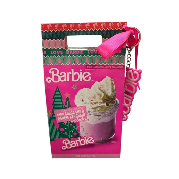 Barbie Color Changing Pink Hot Cocoa Mix with Mini Marshmallows and Barbie Logo Keychain Gift Set