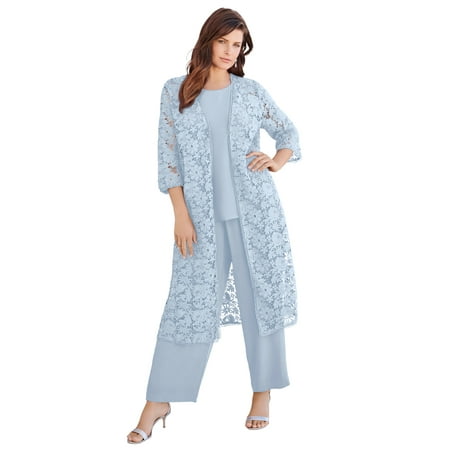 Roaman's Women's Plus Size Petite Plus Size 3-Piece Allover Lace Duster Pant Set – Formal Wear