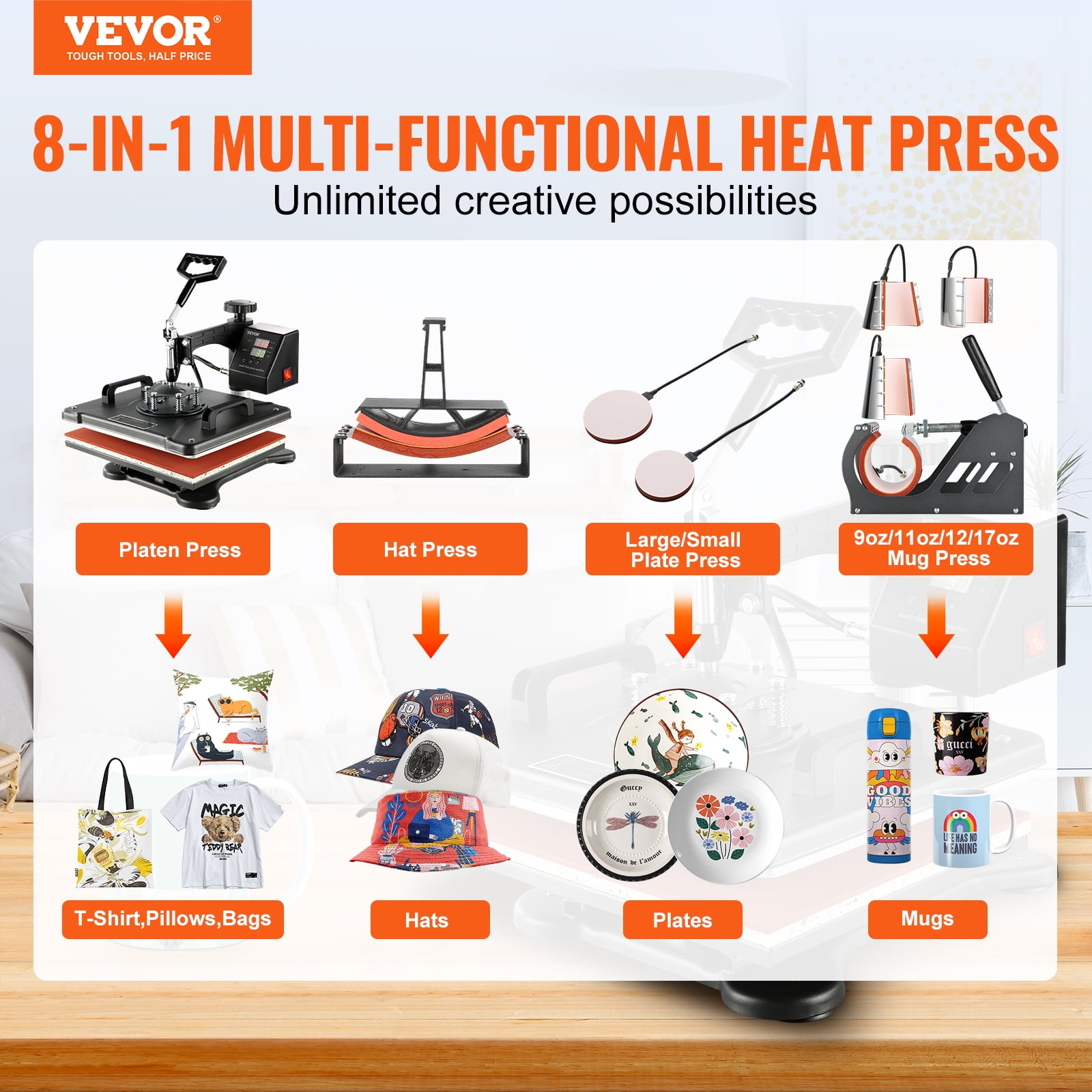 VEVOR Heat Press Machine, 8 in 1 Combo Digital Multifunctional Sublimation Heat Transfer Machine 12x15 inch, 360 Degree Rotation Swing Away for Printing T Shirts Mug Cap Hat Plate