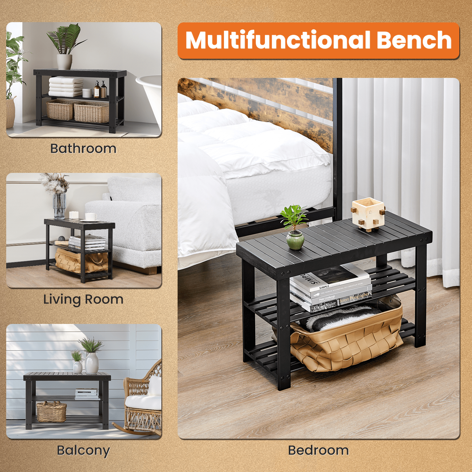 MAYEERTY 3-Tier Bamboo Shoe Rack Bench, 286Lbs Capacity, Compact Storage for Entryway, Bedroom