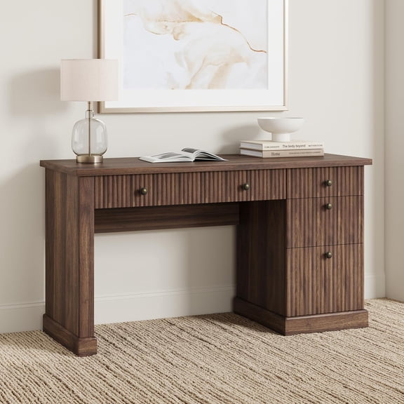 Fluted Home Office Desk Storage, 54 in Modern Executive Desk with Charging Station, Wooden Computer Writing Desk with File Cabinet & Drawers for Study Room (Brown, 54.0"L x 21.6 in D x 30.0"H)