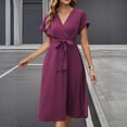 thumbnail image 6 of CIENVNSTG Womens Dresses Mid Length Dresses a Line Vestidos Slim Fit V Neck Short Sleeve Tight Waist Elegant Splice Lace Up Bow Summer Dress Cover Up Formal Purple S, 6 of 7