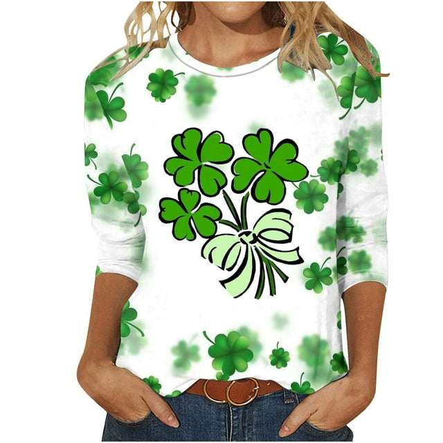 lcziwo Chandails de la Saint-Patrick pour Femmes Haut à Imprimé Vert Trèfle Irlandais Graphique Manches 3/4 Hauts 2024 Printemps Blouses à Col Rond Tunique Porte-Bonheur T-Shirt Grande Taille,P-5TG TG
