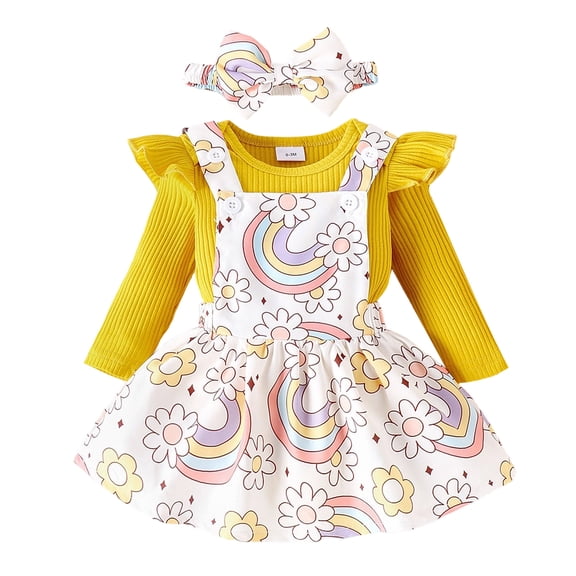 OJSFQUFP Baby Girl Fall and Winter Clothes Outfit Ruffle Romper Adjustable Suspender Overall Dress Bow Headband