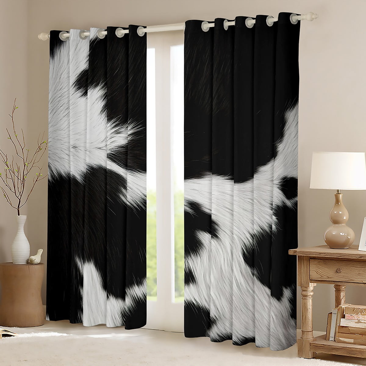 jejeloiu Vintage Cow Hide Black Out Curtains,Rustic Cattle Hide Curtains Pack of 2 (42x63 Each),White Black Bedroom Curtains For Adults,Microfiber Bedroom Decor
