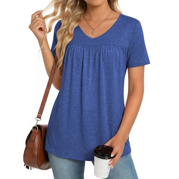 MOYIKO Womens T Shirts Short Sleeve Pleated Peplum Babydoll Summer Tops V Neck Dressy Casual Tunic