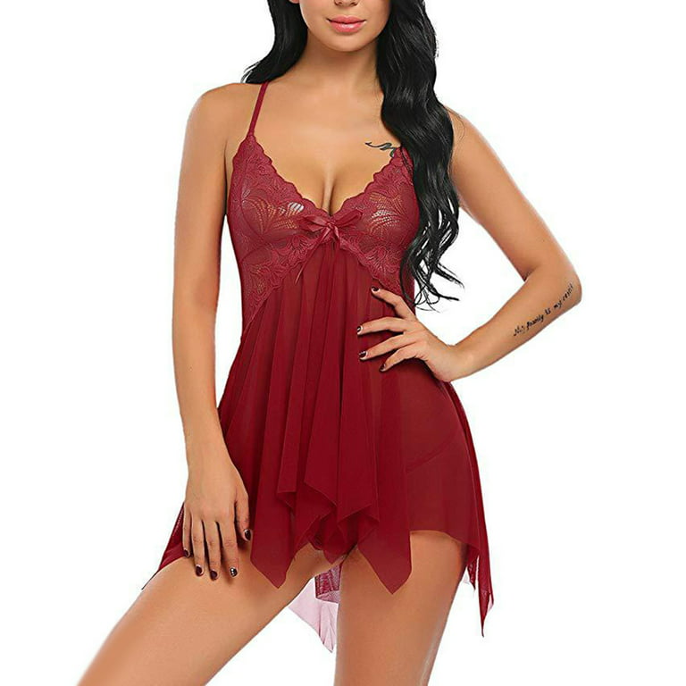 Women Sexy Lingerie Set Nightgown V Neck Floral Lace Chemise Sleepwear  Babydoll Mini Teddy Thigh High Langeray Strap Bowknot