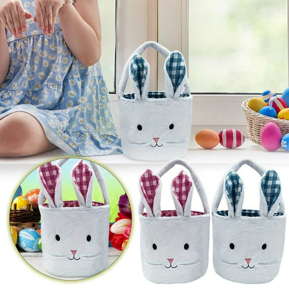 Easter Basket for Kids, Fluffy Bunny Easter Baskets for Boys Girls, Easter Gifts Basket with Foldable Ears, Baby Bags for Easter Egg
