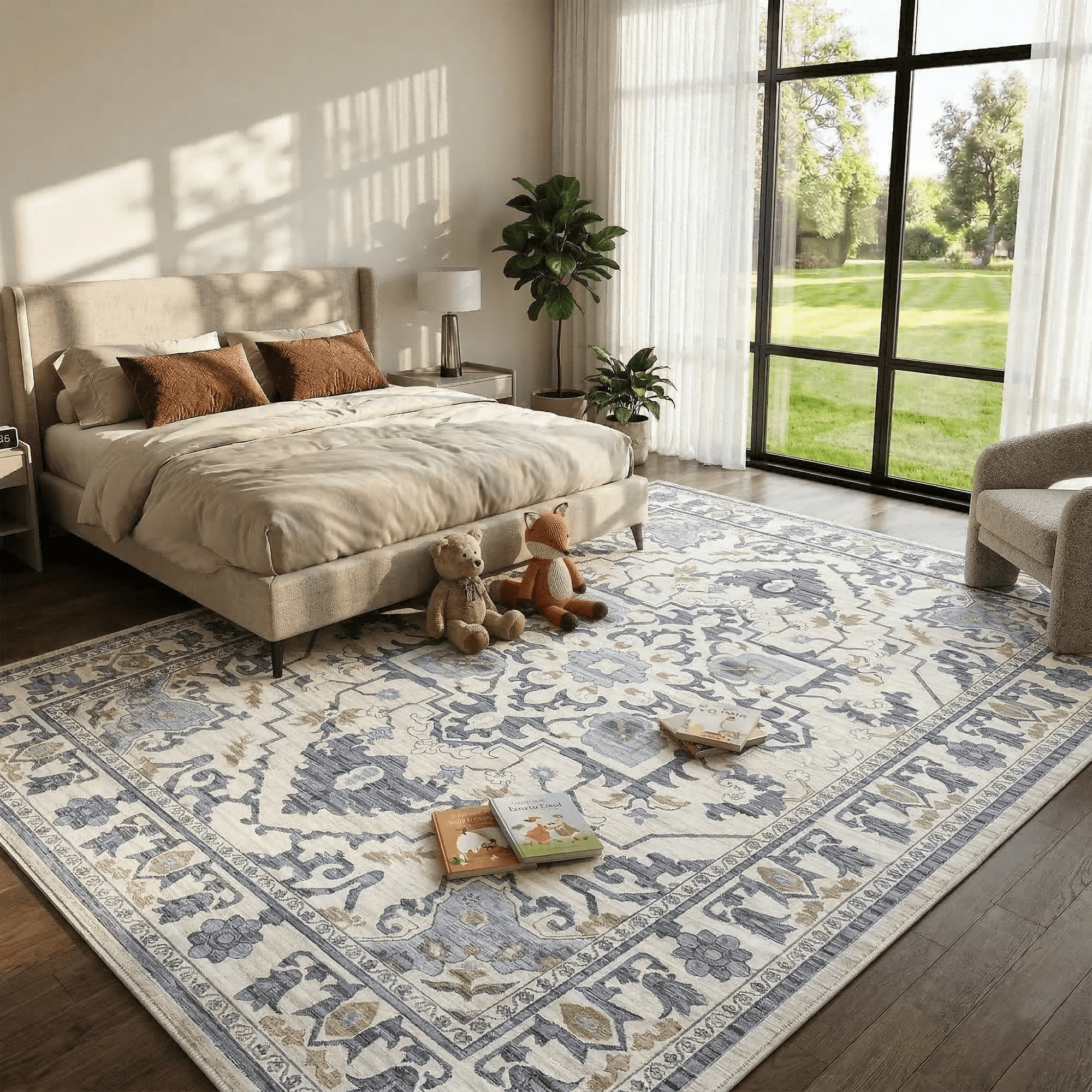 LIFERECORD 9x12ft Boho Area Rug Washable Non-Slip, Modern Geometric Neutral Vintage Low-Pile Carpet for Living Room, Bedroom, Dining Room, Kitchen