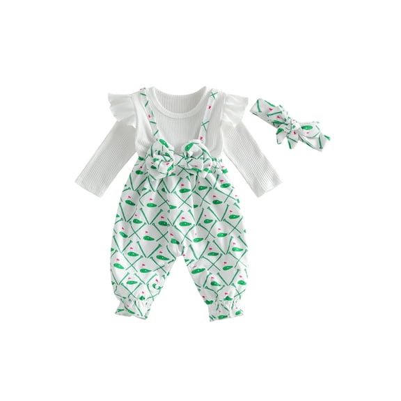 BemeyourBBs Newbron Baby Girl Golf Outfit Romper Infant Girls Spring Fall Winter Clothes Long Sleeve Golf Cart Print False Two-piece Patchwork Jumpsuit with Headband