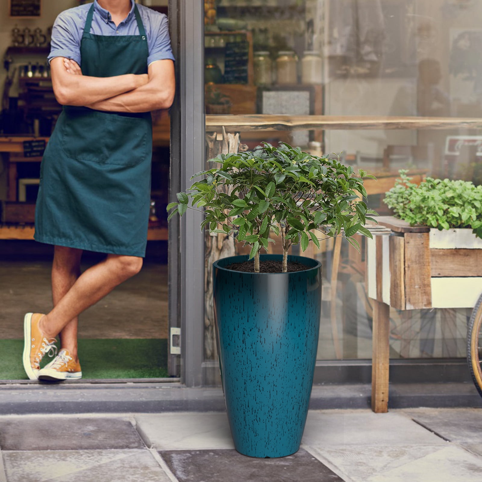 FIASON 2 Pack 21 Inch Dark Teal Blue Gradient Tall Plastic Planters, 10mm Thick Glossy Speckled Finish with Drainage Holes & 2-in-1 Saucer, Indoor Outdoor Planters for Front Porch Patio