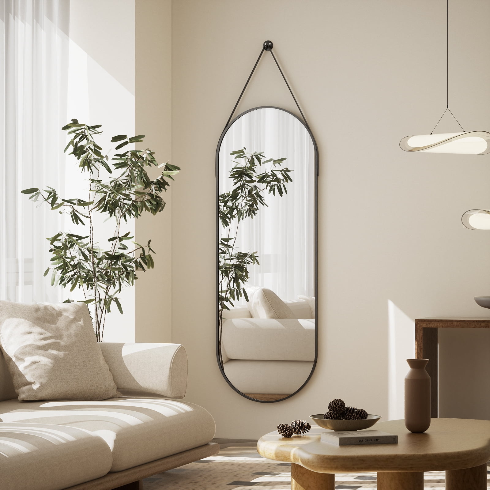 Easy4Home 48"x16" Oval Wall Mirror Full Length Mirror with Leather Hanging Strap, Black