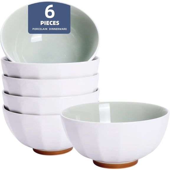 AnveeNa 24 oz Porcelain Bowls Set of 6 - Durable for Cereal, Soup, Rice, Pasta, Salad, Oatmeal - Microwave & Dishwasher Safe, Cream Green