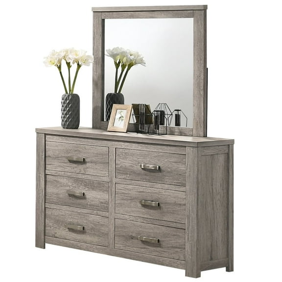 Roundhill Furniture Floren Contemporary Weathered Gray Wood 6-Drawer Dresser with Mirror