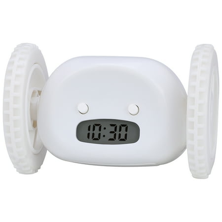 REGALWOVEN Multi-Functional Scrolling Alarm Clock with Wheeled Design for Teens and Heavy Sleepers White 5.3L x 3.5W x 3.5H