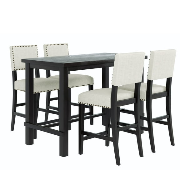 Farmhouse 5-Piece Counter Height Dining Set, Prehome Classic Elegant Dining Table and 4 Upholstered Chairs, Retro Rectangular Dining Kitchen Table Set for 4, Espresso  Beige