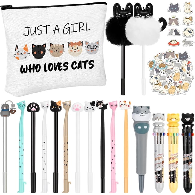 Set de papelería Seajan de 63 piezas con diseño de gato adorable. Incluye 17 bolígrafos de gel kawaii con diseño de gato, 1 bolsa para bolígrafos con diseño de gato, neceser de viaje para amantes de