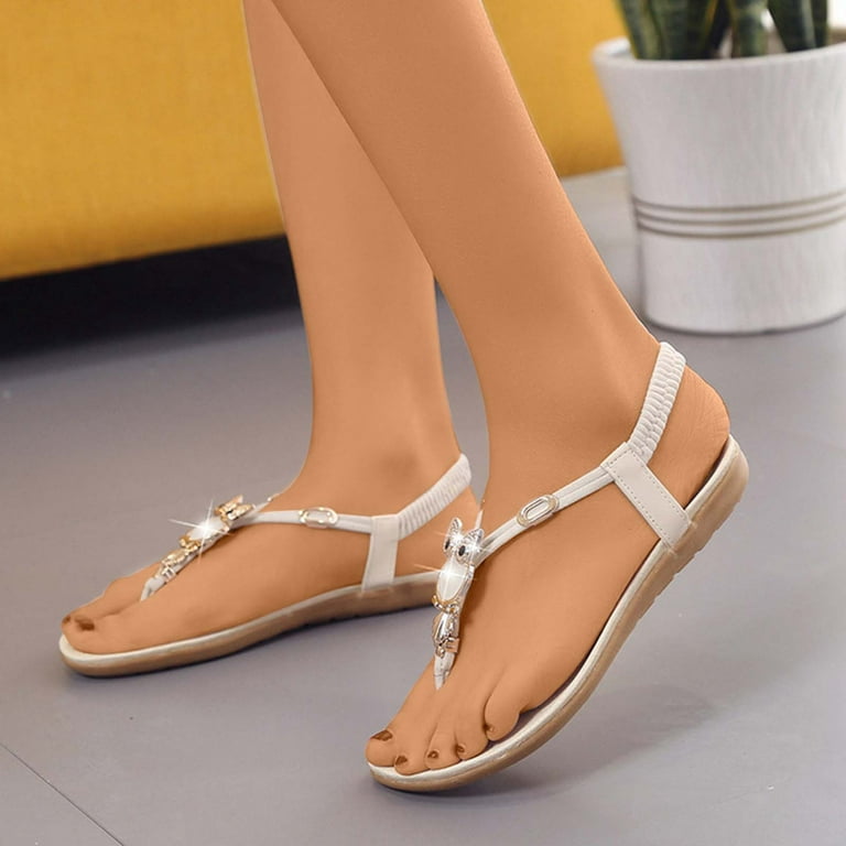 CTEEGC Womens Sandals Flats Flip Flops Open Toe Roman Sandals Bohemian Owl  Beaded Flat Sandals Clip Toe Beach Sandals 