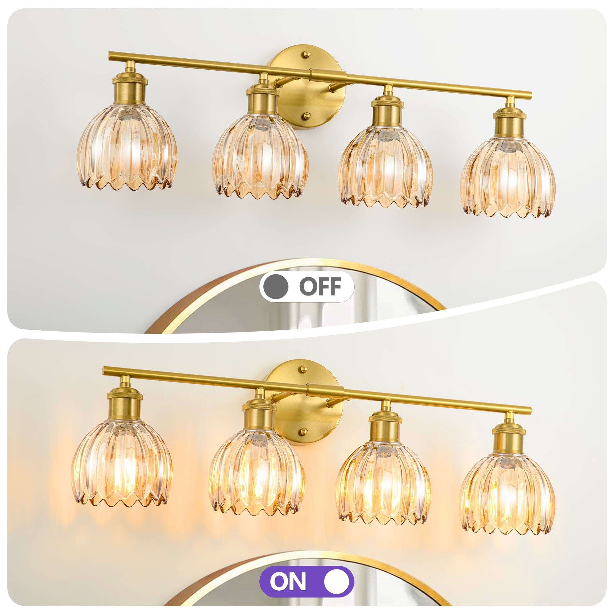 GCGAFUL Modern Gold Bathroom Vanity Light Fixtures, 26 in. 4-Light Bathroom Lights Fixtures Over Mirror with Amber Tulip Glass Shade