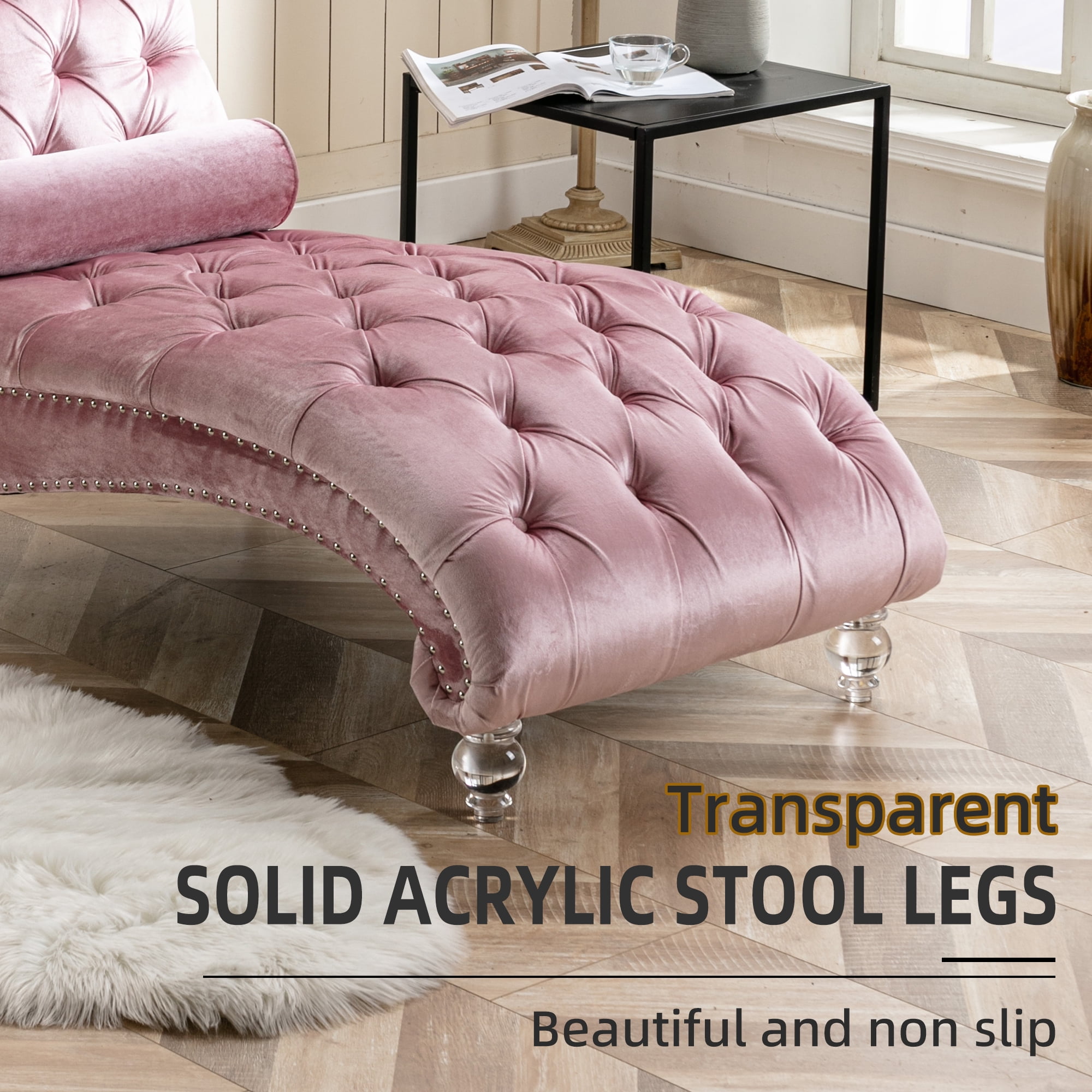 MOONMISS Velvet Chaise Lounge Chair Button Tufted Upholstered with Pillow Indoor