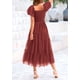 thumbnail image 2 of Vestido PRETTYGARDEN Midi de Tul con Fruncido y Mangas Abullonadas Rojo Ladrillo S, 2 of 7