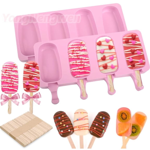 YangNengwen Oval Ice Cake Pop Mold Kit, including 2 Silicone Popsicles Molds, 50 Wooden Sticks for Cake Pop, Ice Pop, Cakesicles